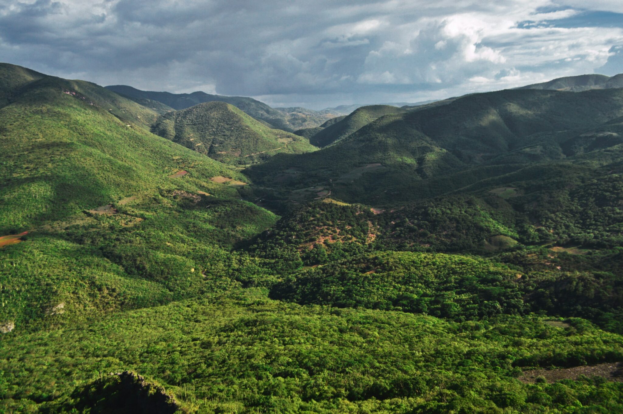 Green forested mountains and valleys in Oaxaca under a cloudy sky.